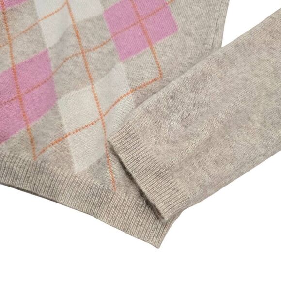 Geneva Sweater Women's Small Tan Knit 100% Cashmere V-Neck Argyle Pullover Gorpc - Picture 2 of 5